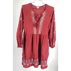 Knox Rose Women's Size M Long Sleeve Embroidered Boho Midi‎ Dress Red
